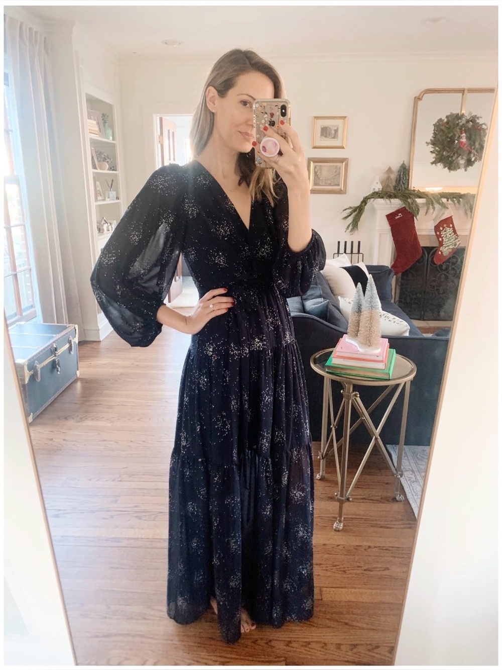 Eliza J Navy Silver Sparkle Open Back Tiered Gown Dress Maxi V-Neck
